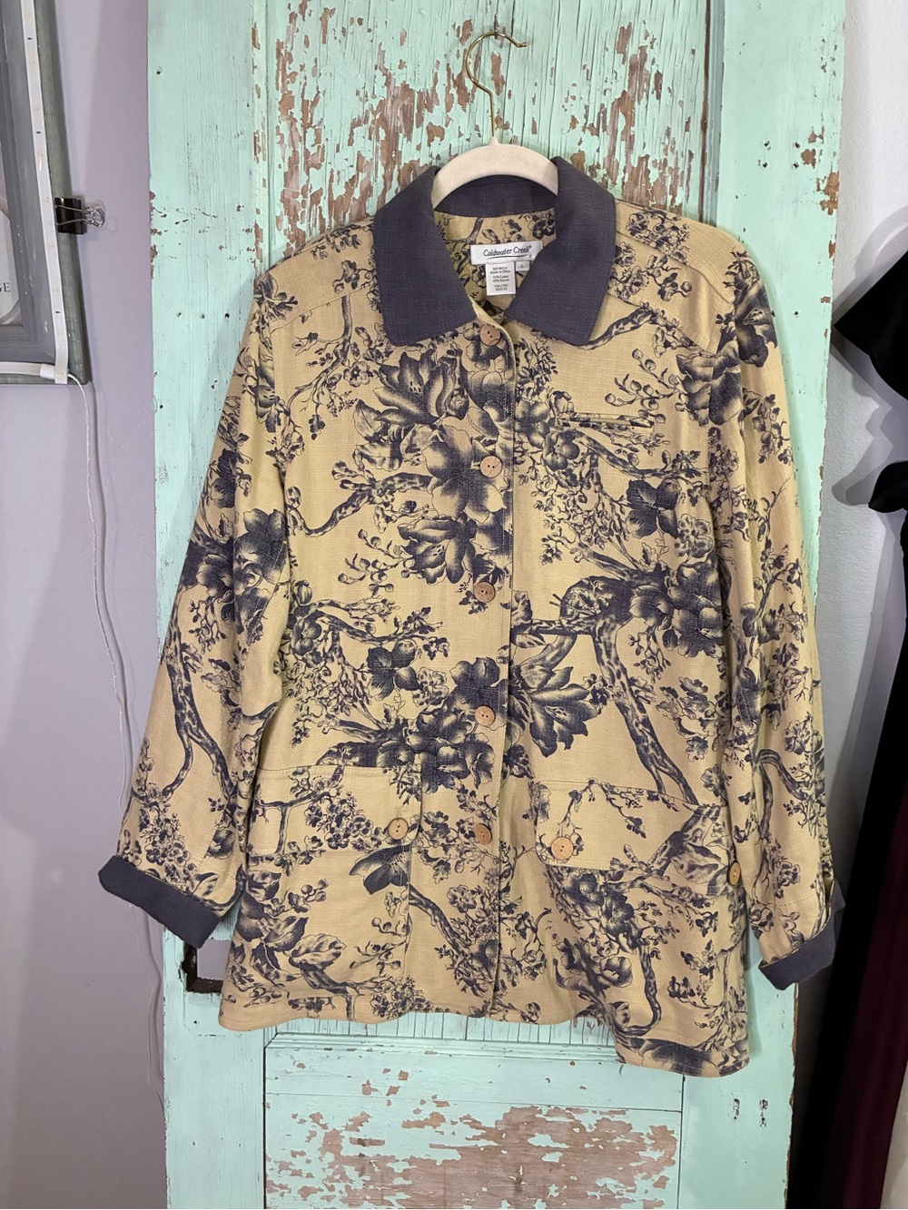 Women’s Coldwater Creek linen yellow & blue Floral Button-Down Shirt Jacket
